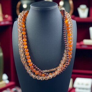 Vintage Multi Strand Beaded Necklace Amber Brown Crystal Glass‎ Boho Statement